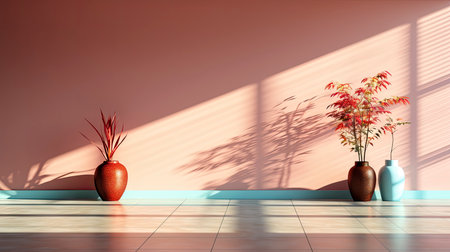 Minimalist interior with potted palm, striped sunlight, and elegant wooden vases on muted blue wallの素材