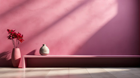Minimalist interior with potted palm, striped sunlight, and elegant wooden vases on muted blue wallの素材
