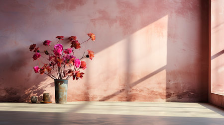 Minimalist interior with potted palm, striped sunlight, and elegant wooden vases on muted blue wallの素材