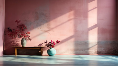 Minimalist interior with potted palm, striped sunlight, and elegant wooden vases on muted blue wallの素材