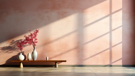Minimalist interior with potted palm, striped sunlight, and elegant wooden vases on muted blue wallの素材