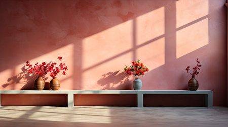 Minimalist interior with potted palm, striped sunlight, and elegant wooden vases on muted blue wallの素材