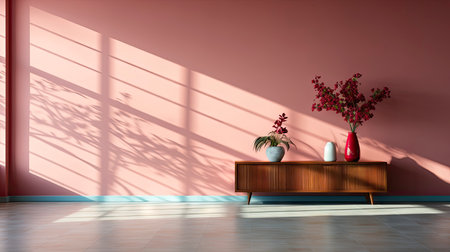 Minimalist interior with potted palm, striped sunlight, and elegant wooden vases on muted blue wallの素材