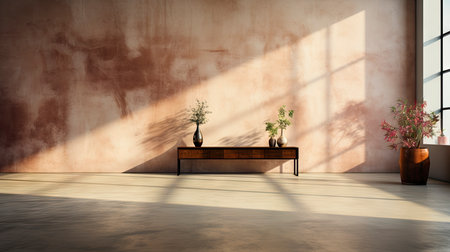 Minimalist interior with potted palm, striped sunlight, and elegant wooden vases on muted blue wallの素材