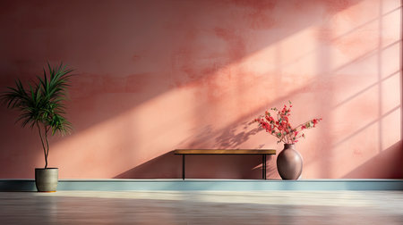 Minimalist interior with potted palm, striped sunlight, and elegant wooden vases on muted blue wallの素材