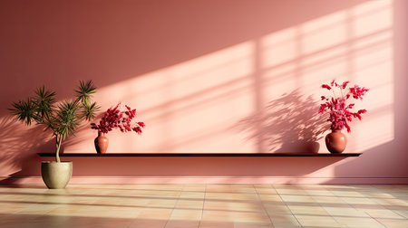 Minimalist interior with potted palm, striped sunlight, and elegant wooden vases on muted blue wallの素材