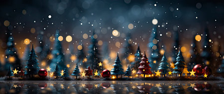 Enchanting winter scene with sparkling trees, glimmering ornaments, and starry night backdrop. Perfect for festive designs.の素材