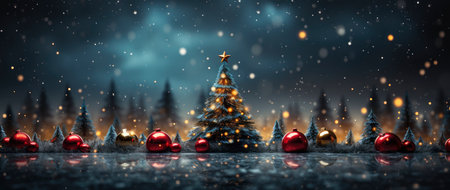 Enchanting winter scene with sparkling trees, glimmering ornaments, and starry night backdrop. Perfect for festive designs.の素材