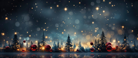 Enchanting winter scene with sparkling trees, glimmering ornaments, and starry night backdrop. Perfect for festive designs.の素材