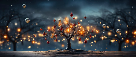 Enchanting winter scene with sparkling trees, glimmering ornaments, and starry night backdrop. Perfect for festive designs.の素材