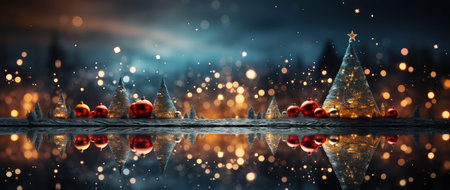 Enchanting winter scene with sparkling trees, glimmering ornaments, and starry night backdrop. Perfect for festive designs.の素材