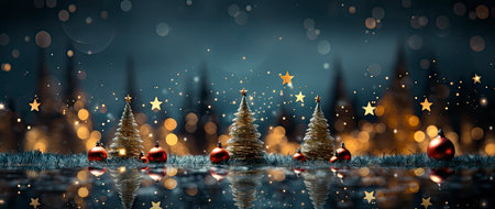 Enchanting winter scene with sparkling trees, glimmering ornaments, and starry night backdrop. Perfect for festive designs.の素材