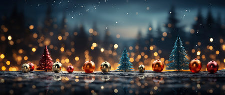 Enchanting winter scene with sparkling trees, glimmering ornaments, and starry night backdrop. Perfect for festive designs.の素材