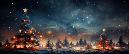 Enchanting winter scene with sparkling trees, glimmering ornaments, and starry night backdrop. Perfect for festive designs.の素材