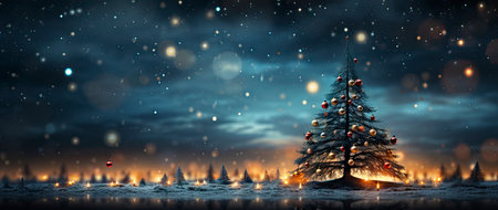 Enchanting winter scene with sparkling trees, glimmering ornaments, and starry night backdrop. Perfect for festive designs.の素材