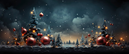 Enchanting winter scene with sparkling trees, glimmering ornaments, and starry night backdrop. Perfect for festive designs.の素材