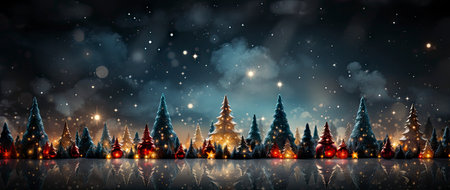 Enchanting winter scene with sparkling trees, glimmering ornaments, and starry night backdrop. Perfect for festive designs.の素材