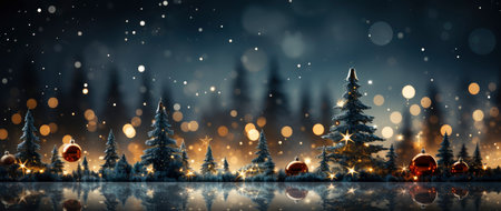 Enchanting winter scene with sparkling trees, glimmering ornaments, and starry night backdrop. Perfect for festive designs.の素材