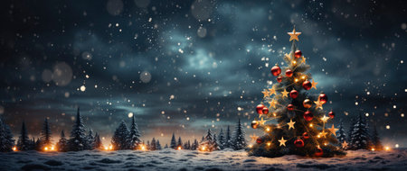 Enchanting winter scene with sparkling trees, glimmering ornaments, and starry night backdrop. Perfect for festive designs.の素材