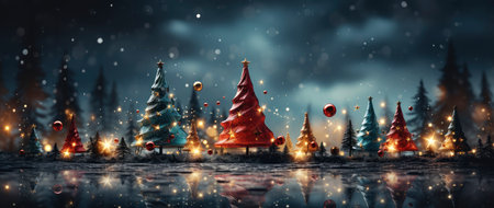 Enchanting winter scene with sparkling trees, glimmering ornaments, and starry night backdrop. Perfect for festive designs.の素材