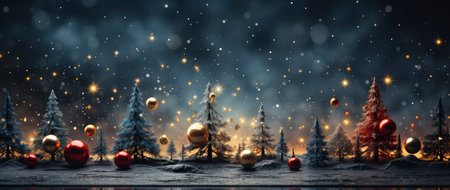Enchanting winter scene with sparkling trees, glimmering ornaments, and starry night backdrop. Perfect for festive designs.の素材