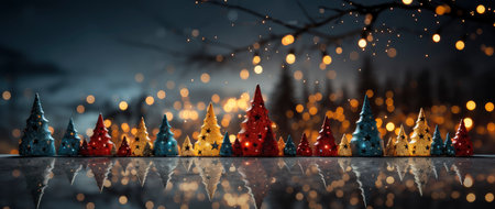 Enchanting winter scene with sparkling trees, glimmering ornaments, and starry night backdrop. Perfect for festive designs.の素材