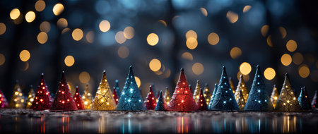 Enchanting winter scene with sparkling trees, glimmering ornaments, and starry night backdrop. Perfect for festive designs.の素材