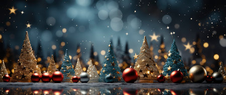 Enchanting winter scene with sparkling trees, glimmering ornaments, and starry night backdrop. Perfect for festive designs.の素材