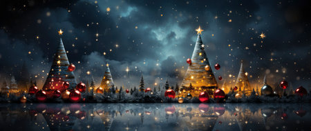 Enchanting winter scene with sparkling trees, glimmering ornaments, and starry night backdrop. Perfect for festive designs.の素材
