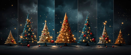 Enchanting winter scene with sparkling trees, glimmering ornaments, and starry night backdrop. Perfect for festive designs.の素材