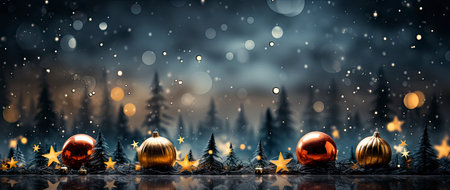 Enchanting festive scene with shimmering star ornaments, glowing bokeh lights, and reflective surface. Perfect for holiday designsの素材