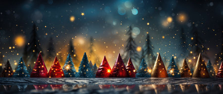 Enchanting festive scene with shimmering star ornaments, glowing bokeh lights, and reflective surface. Perfect for holiday designsの素材
