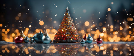 Enchanting festive scene with shimmering star ornaments, glowing bokeh lights, and reflective surface. Perfect for holiday designsの素材