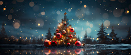 Enchanting festive scene with shimmering star ornaments, glowing bokeh lights, and reflective surface. Perfect for holiday designsの素材