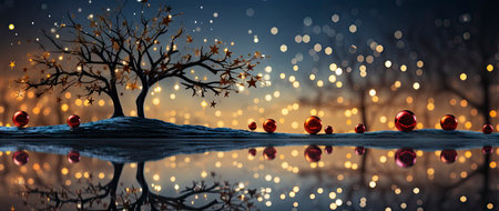Enchanting festive scene with shimmering star ornaments, glowing bokeh lights, and reflective surface. Perfect for holiday designsの素材