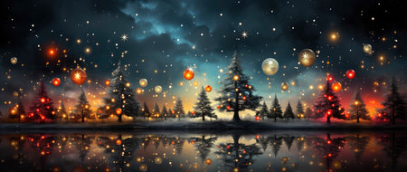 Enchanting festive scene with shimmering star ornaments, glowing bokeh lights, and reflective surface. Perfect for holiday designsの素材
