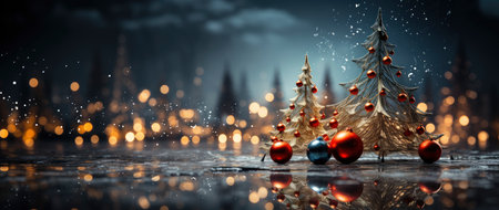 Enchanting festive scene with shimmering star ornaments, glowing bokeh lights, and reflective surface. Perfect for holiday designsの素材