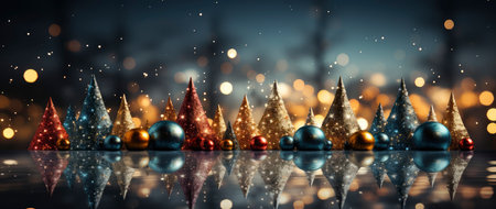 Enchanting festive scene with shimmering star ornaments, glowing bokeh lights, and reflective surface. Perfect for holiday designsの素材