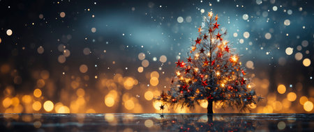 Enchanting festive scene with shimmering star ornaments, glowing bokeh lights, and reflective surface. Perfect for holiday designsの素材