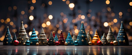 Enchanting festive scene with shimmering star ornaments, glowing bokeh lights, and reflective surface. Perfect for holiday designsの素材