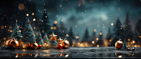 Enchanting festive scene with shimmering star ornaments, glowing bokeh lights, and reflective surface. Perfect for holiday designsの素材