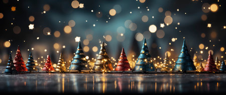Enchanting festive scene with shimmering star ornaments, glowing bokeh lights, and reflective surface. Perfect for holiday designsの素材