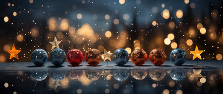 Enchanting festive scene with shimmering star ornaments, glowing bokeh lights, and reflective surface. Perfect for holiday designsの素材