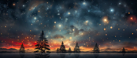Enchanting festive scene with shimmering star ornaments, glowing bokeh lights, and reflective surface. Perfect for holiday designsの素材