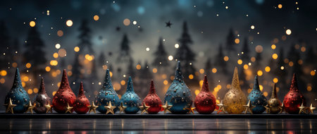 Enchanting festive scene with shimmering star ornaments, glowing bokeh lights, and reflective surface. Perfect for holiday designsの素材
