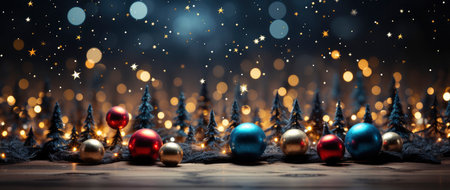 Enchanting festive scene with shimmering star ornaments, glowing bokeh lights, and reflective surface. Perfect for holiday designsの素材