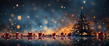 Enchanting festive scene with shimmering star ornaments, glowing bokeh lights, and reflective surface. Perfect for holiday designsの素材
