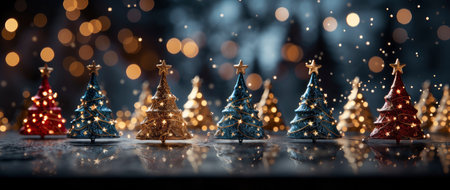 Enchanting festive scene with shimmering star ornaments, glowing bokeh lights, and reflective surface. Perfect for holiday designsの素材