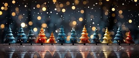 Enchanting festive scene with shimmering star ornaments, glowing bokeh lights, and reflective surface. Perfect for holiday designsの素材