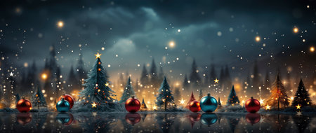 Enchanting festive scene with shimmering star ornaments, glowing bokeh lights, and reflective surface. Perfect for holiday designsの素材